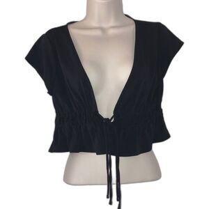 Crop Top Black Peplum Tie Front Babydoll Short Sleeve FOREVER 21 Womens Medium